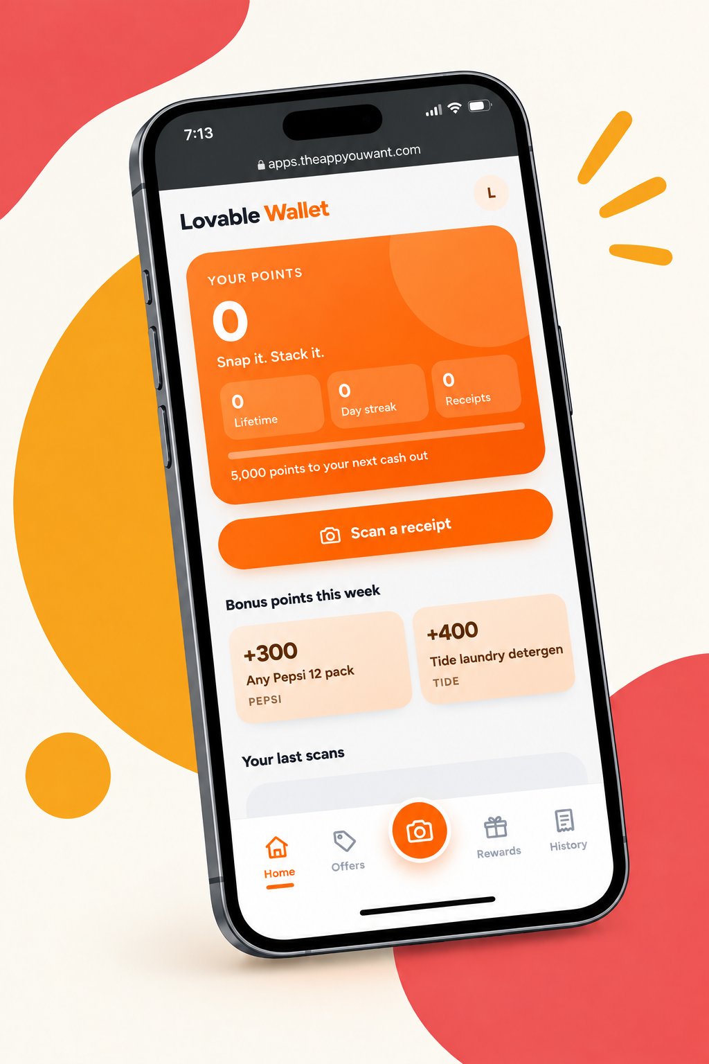 The LovableWallet app home screen with points balance, scan button and quick offers