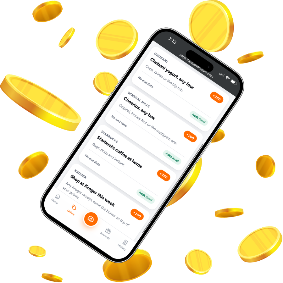 LovableWallet app showing live bonus offers on Chobani, Cheerios, Starbucks and Kroger receipts, with gold coins flying around