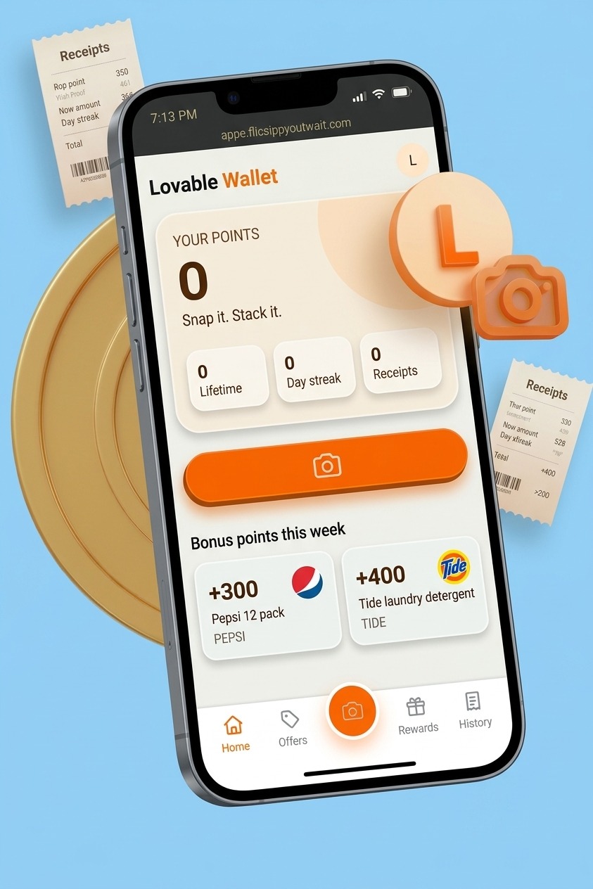 The LovableWallet app home screen with points balance, scan button and quick offers