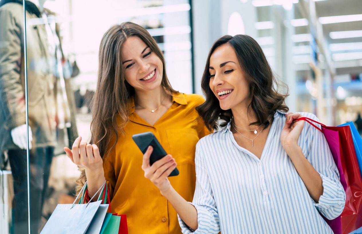 Friends shopping and checking deals on their phone