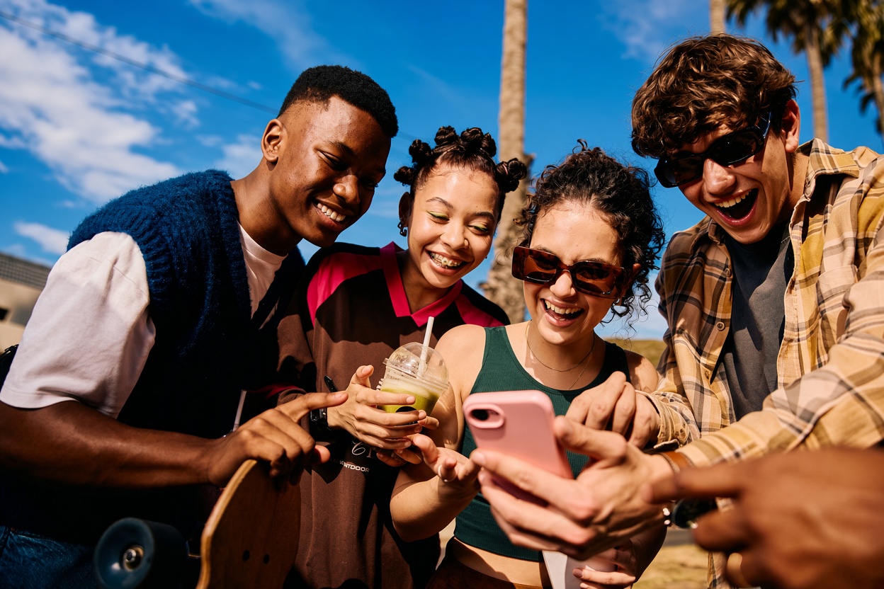 Friends checking the LovableWallet app together outdoors